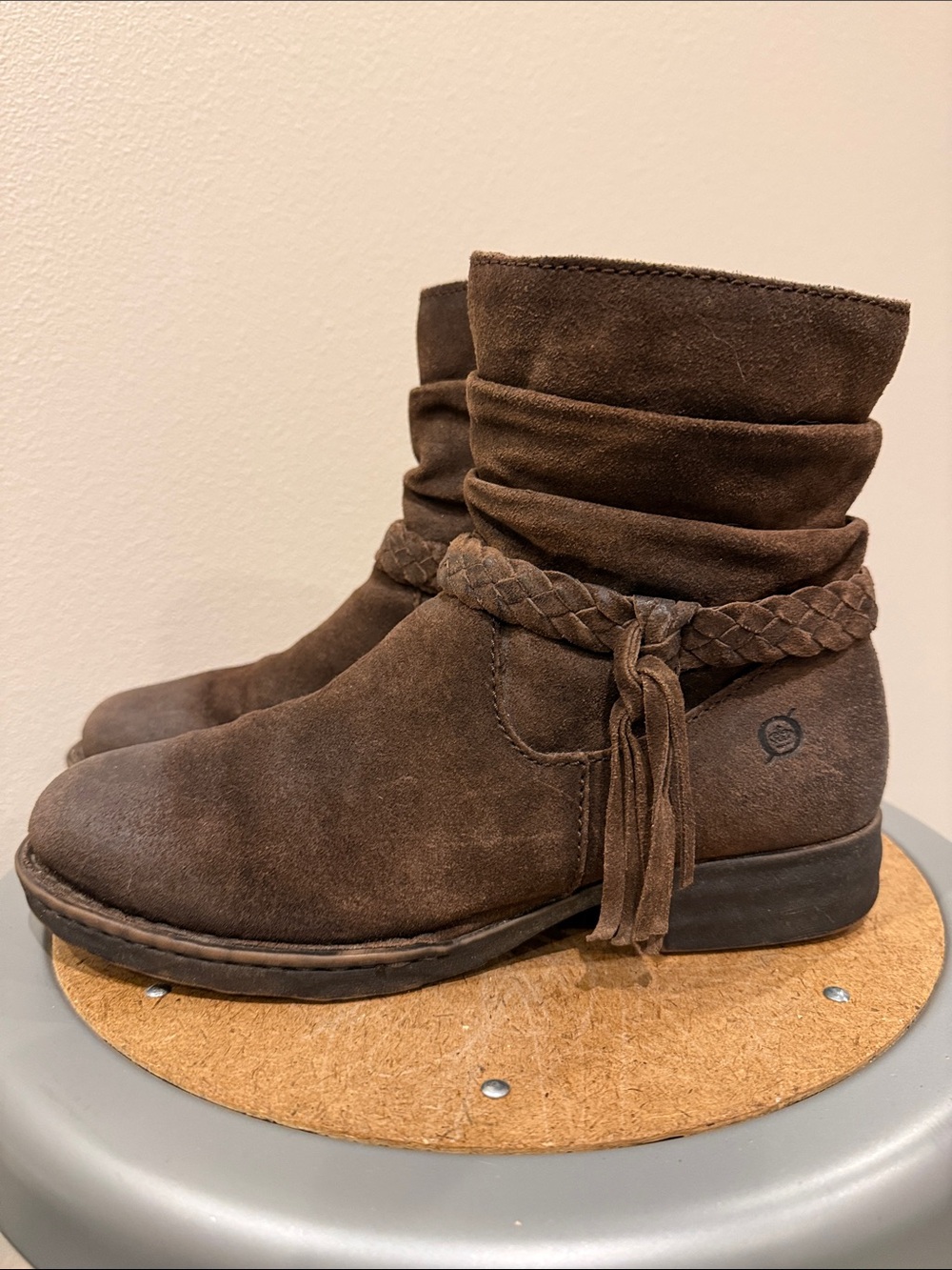 Brown Ouvea Suede Slouch Ankle Boots with Braided Tassel Size 7.5